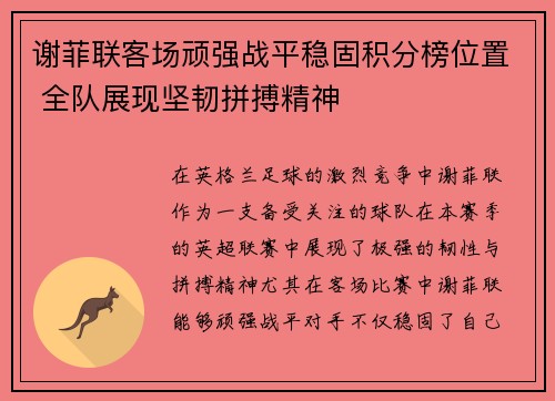 谢菲联客场顽强战平稳固积分榜位置 全队展现坚韧拼搏精神