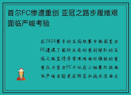 首尔FC惨遭重创 亚冠之路步履维艰 面临严峻考验