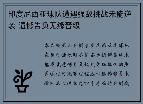 印度尼西亚球队遭遇强敌挑战未能逆袭 遗憾告负无缘晋级