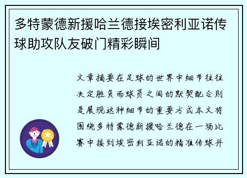 多特蒙德新援哈兰德接埃密利亚诺传球助攻队友破门精彩瞬间