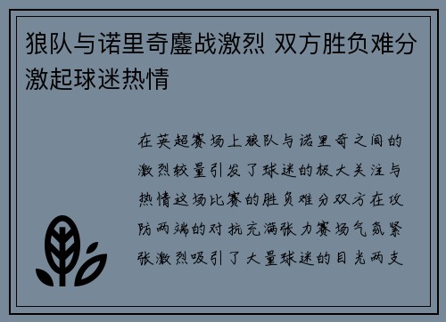 狼队与诺里奇鏖战激烈 双方胜负难分激起球迷热情