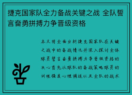 捷克国家队全力备战关键之战 全队誓言奋勇拼搏力争晋级资格