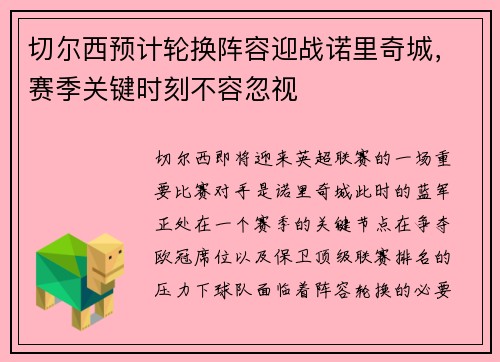 切尔西预计轮换阵容迎战诺里奇城，赛季关键时刻不容忽视