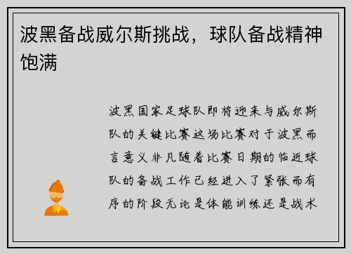 波黑备战威尔斯挑战，球队备战精神饱满