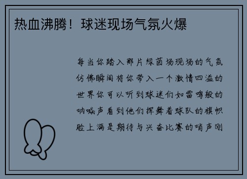 热血沸腾！球迷现场气氛火爆