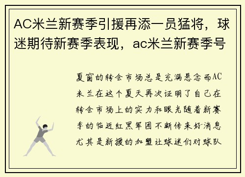 AC米兰新赛季引援再添一员猛将，球迷期待新赛季表现，ac米兰新赛季号码