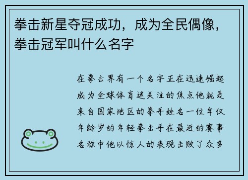拳击新星夺冠成功，成为全民偶像，拳击冠军叫什么名字