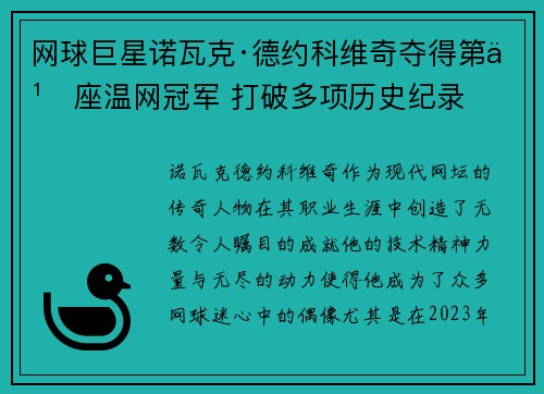 网球巨星诺瓦克·德约科维奇夺得第九座温网冠军 打破多项历史纪录
